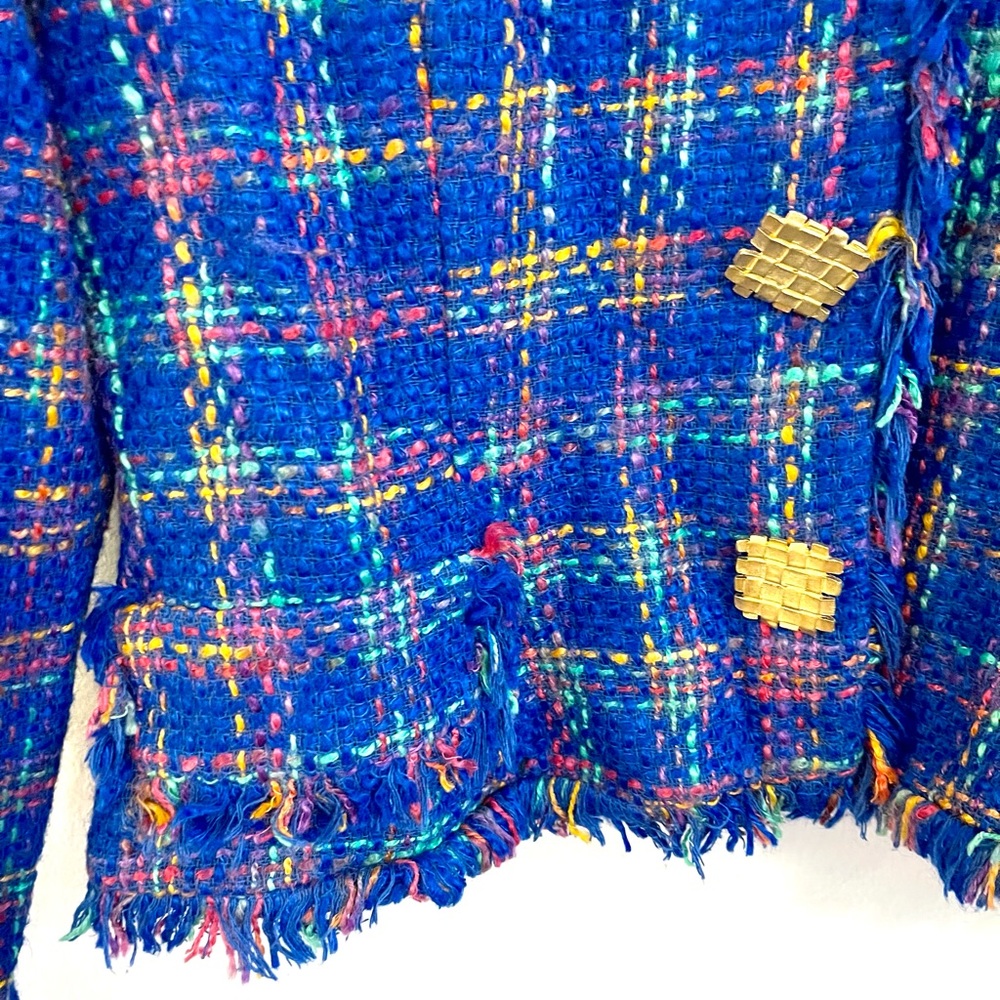 Vintage Bright Blue Plaid Neon Pink Green Business Fringe Blazer Suit Coat - Picture 6 of 14